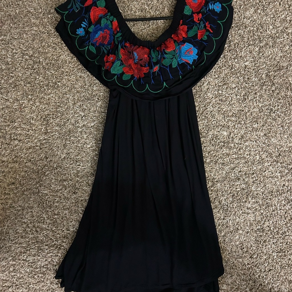 Umgee Black Top with Red and Blue Floral Embroidery